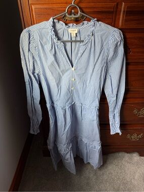 J. Crew Blue and White Striped Ruffle Collar Blouse